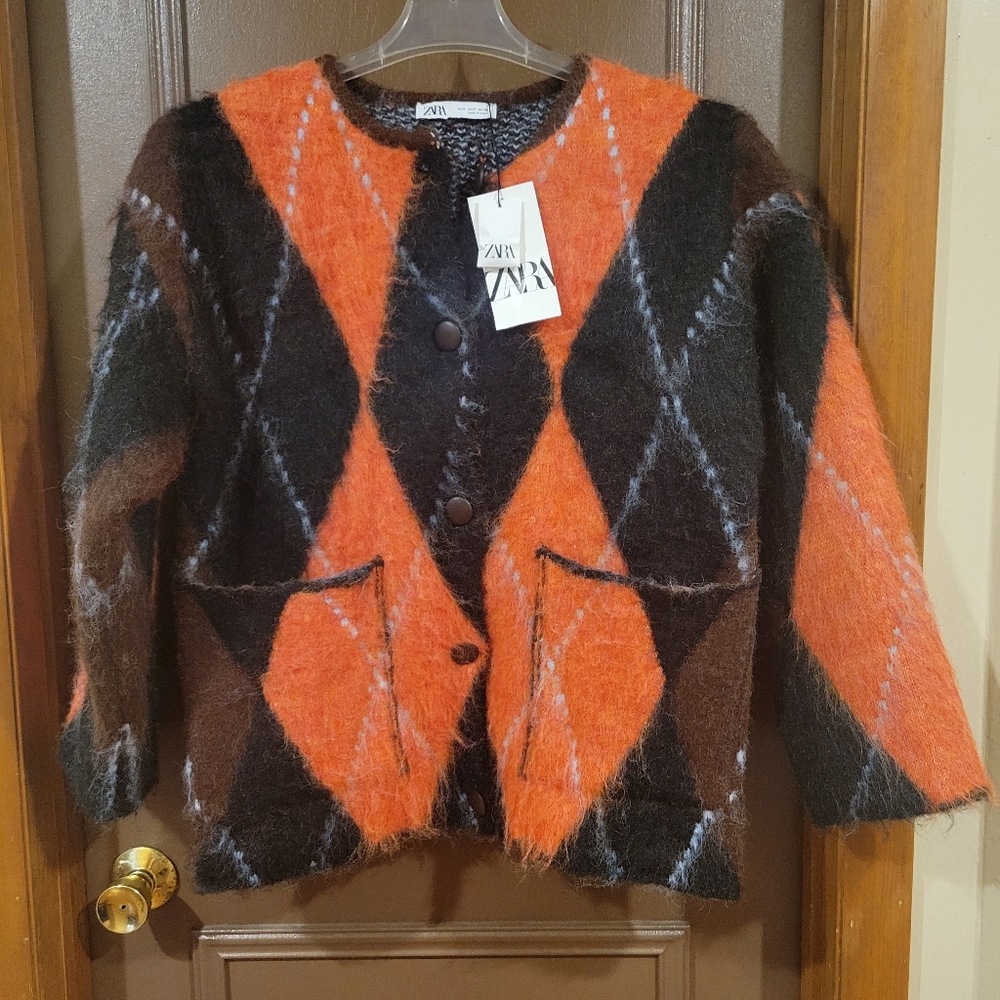 Zara Women's Orange and Brown Argyle Cardigan